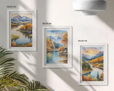 Ensemble de 3 tableaux représentant des paysages de montagne automnaux avec une rivière et un chalet au bord de l'eau