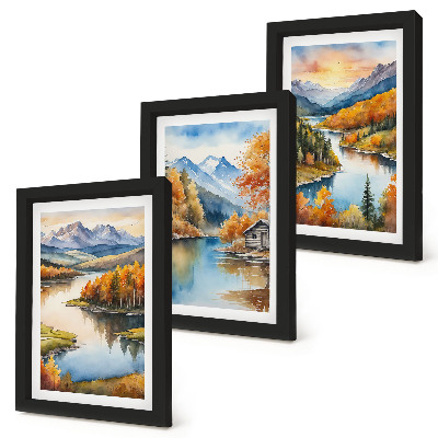 Ensemble de 3 tableaux Paysages de montagne automnaux avec une rivière et un chalet au bord de l'eau