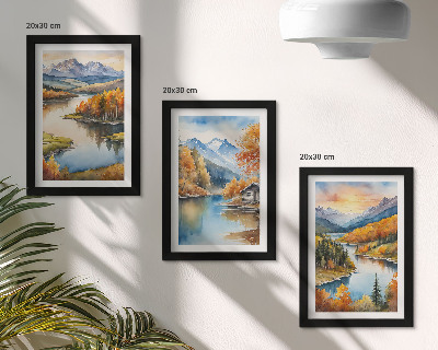 Ensemble de 3 tableaux Paysages de montagne automnaux avec une rivière et un chalet au bord de l'eau