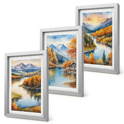 Ensemble de 3 tableaux Paysages de montagne automnaux avec une rivière et un chalet au bord de l'eau
