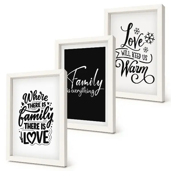 Mur de cadres sur le thème de la famille, de l'amour, de la chaleur, du foyer et des citations inspirantes