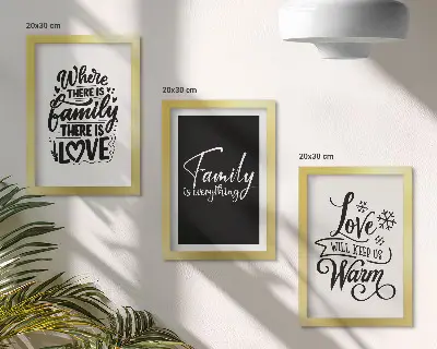 Mur de cadres sur le thème de la famille, de l'amour, de la chaleur, du foyer et des citations inspirantes