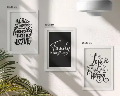 Mur de cadres sur le thème de la famille, de l'amour, de la chaleur, du foyer et des citations inspirantes