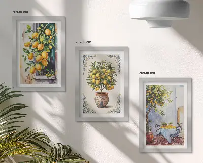 Ensemble de 3 tableaux représentant des citronniers et des fruits dans un cadre ensoleillé