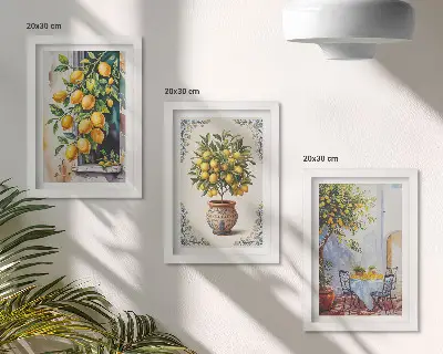 Ensemble de 3 tableaux représentant des citronniers et des fruits dans un cadre ensoleillé