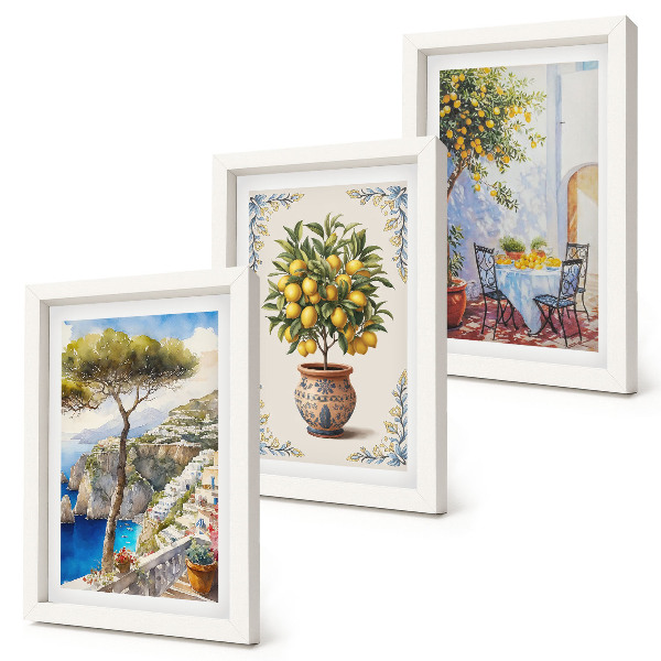 Ensemble de 3 tableaux Vue sur la mer avec citronnier et table de jardin