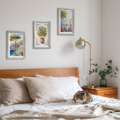 Ensemble de 3 tableaux Vue sur la mer avec citronnier et table de jardin