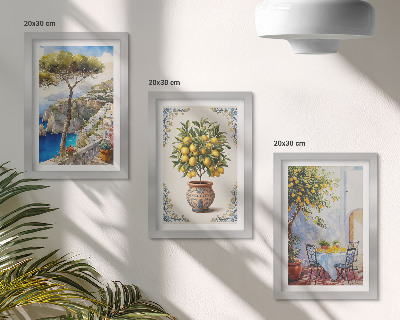 Ensemble de 3 tableaux Vue sur la mer avec citronnier et table de jardin