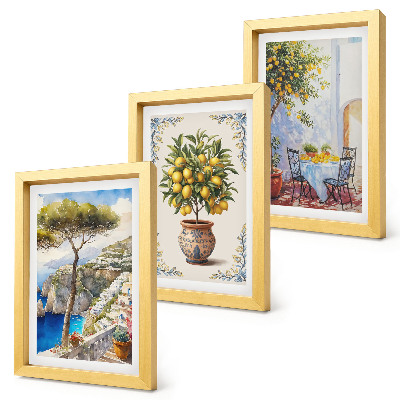 Ensemble de 3 tableaux Vue sur la mer avec citronnier et table de jardin