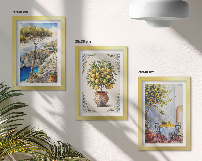 Ensemble de 3 tableaux Vue sur la mer avec citronnier et table de jardin