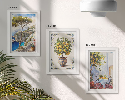 Ensemble de 3 tableaux Vue sur la mer avec citronnier et table de jardin