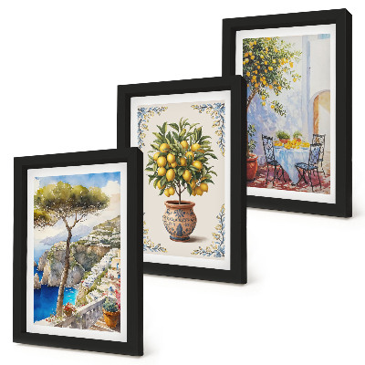 Ensemble de 3 tableaux Vue sur la mer avec citronnier et table de jardin