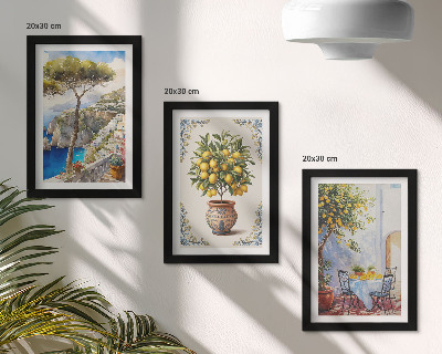 Ensemble de 3 tableaux Vue sur la mer avec citronnier et table de jardin