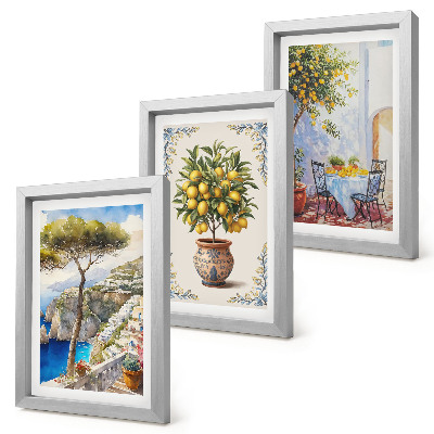 Ensemble de 3 tableaux Vue sur la mer avec citronnier et table de jardin