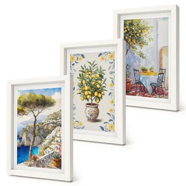 Lot de 3 tableaux vue sur la mer avec des citronniers dans le style des peintures italiennes