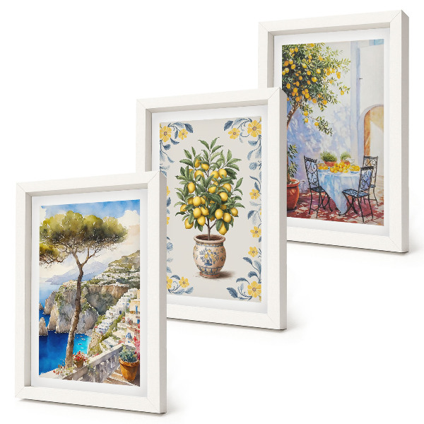 Lot de 3 tableaux Vue sur la mer avec des citronniers, peintures italiennes