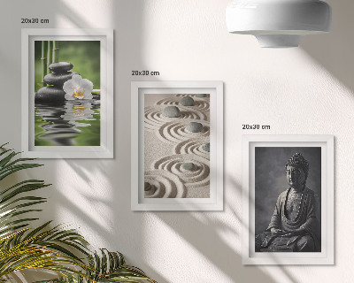 Mur de cadres Vue apaisante sur un Bouddha, des galets sur la plage et des bambous.