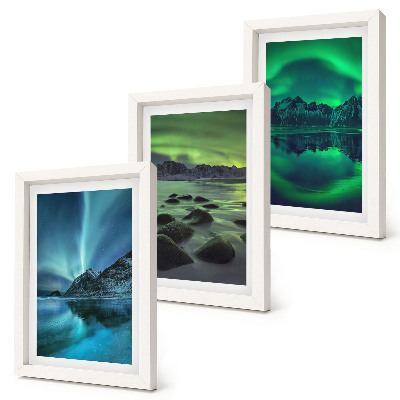 Ensemble de 3 tableaux Paysage d'hiver avec aurores boréales et montagnes
