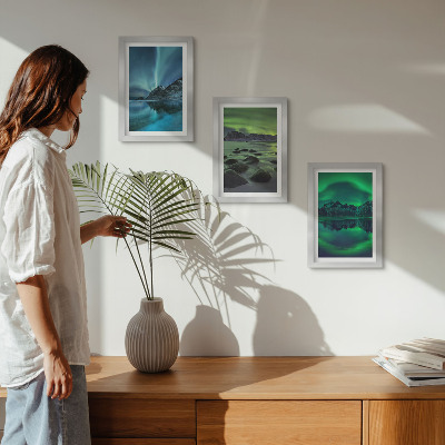 Ensemble de 3 tableaux Paysage d'hiver avec aurores boréales et montagnes