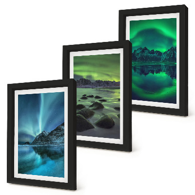 Ensemble de 3 tableaux Paysage d'hiver avec aurores boréales et montagnes