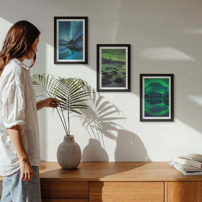 Ensemble de 3 tableaux Paysage d'hiver avec aurores boréales et montagnes