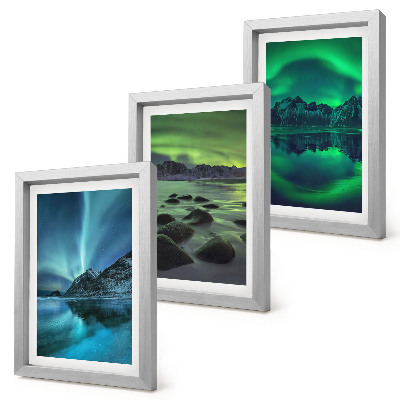 Ensemble de 3 tableaux Paysage d'hiver avec aurores boréales et montagnes