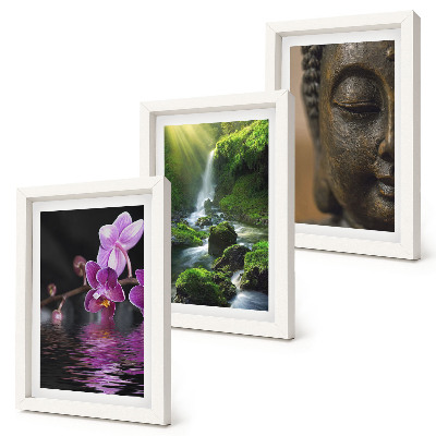 Mur de cadres Fleurs dans une cascade avec des rochers verts Bouddha