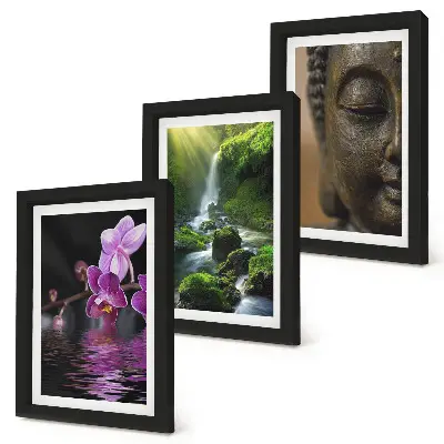 Mur de cadres représentant des fleurs dans une cascade avec des rochers verts et un Bouddha