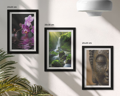 Mur de cadres Fleurs dans une cascade avec des rochers verts Bouddha