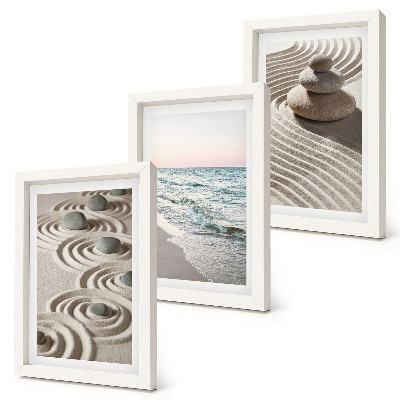 Lot de 3 tableaux Vagues calmes de sable et d'eau avec des galets sur la plage