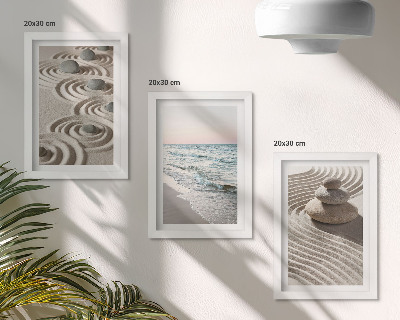 Lot de 3 tableaux Vagues calmes de sable et d'eau avec des galets sur la plage