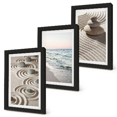 Lot de 3 tableaux Vagues calmes de sable et d'eau avec des galets sur la plage