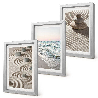Lot de 3 tableaux Vagues calmes de sable et d'eau avec des galets sur la plage