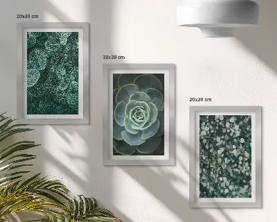 Ensemble de 3 tableaux représentant des feuilles vertes de plantes succulentes et des brindilles délicates