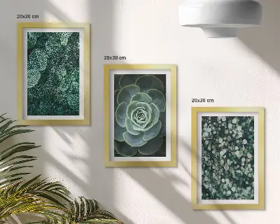 Ensemble de 3 tableaux représentant des feuilles vertes de plantes succulentes et des brindilles délicates