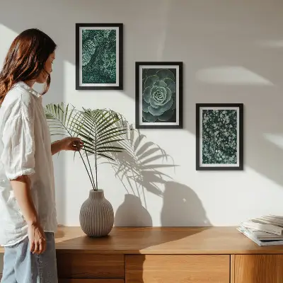 Ensemble de 3 tableaux représentant des feuilles vertes de plantes succulentes et des brindilles délicates