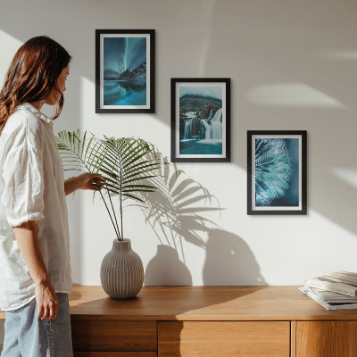 Ensemble de 3 tableaux Paysages d'hiver avec cascades et aurores boréales