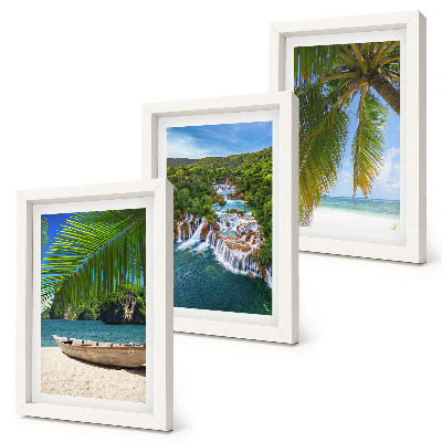 Mur de cadres Plage tropicale avec bateau, cascades et palmiers