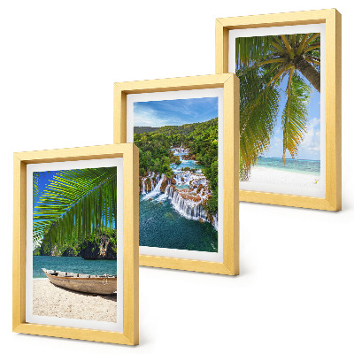 Mur de cadres Plage tropicale avec bateau, cascades et palmiers