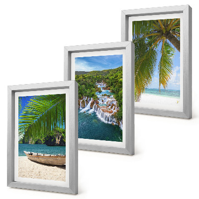 Mur de cadres Plage tropicale avec bateau, cascades et palmiers