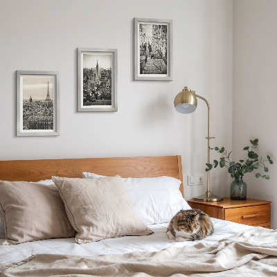 Lot de 3 tableaux Vues sur les villes de Paris et New York et charmant escalier