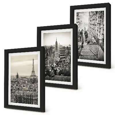 Lot de 3 tableaux Vues sur les villes de Paris et New York et charmant escalier