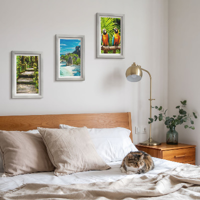 Ensemble de 3 tableaux Forêt tropicale avec une cascade et des perroquets colorés
