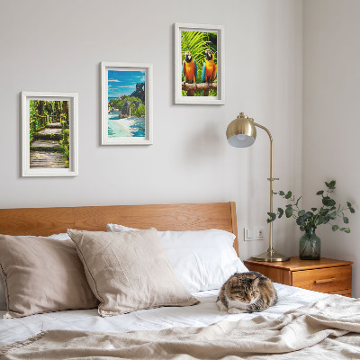 Ensemble de 3 tableaux Forêt tropicale avec une cascade et des perroquets colorés