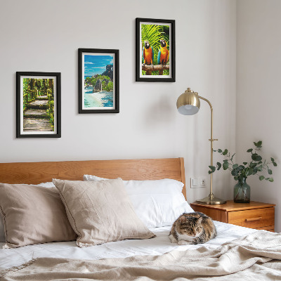 Ensemble de 3 tableaux Forêt tropicale avec une cascade et des perroquets colorés