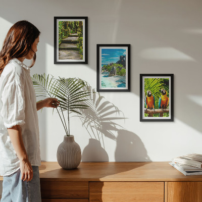 Ensemble de 3 tableaux Forêt tropicale avec une cascade et des perroquets colorés