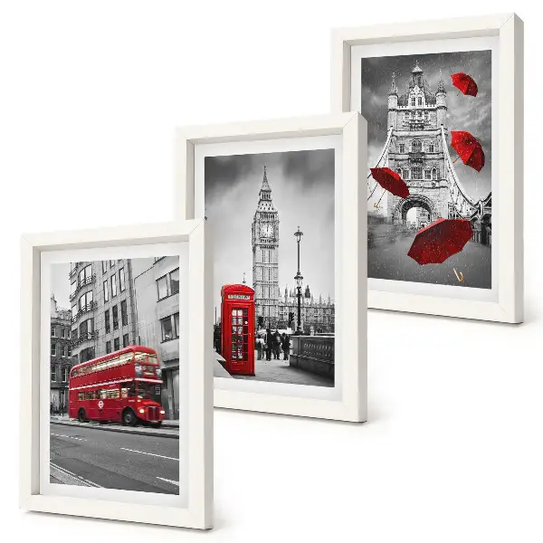 Lot de 3 tableaux représentant des bâtiments londoniens célèbres avec des touches de rouge