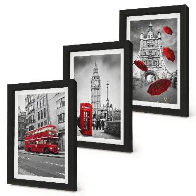 Lot de 3 tableaux représentant des bâtiments londoniens célèbres avec des touches de rouge