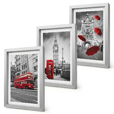 Lot de 3 tableaux représentant des bâtiments londoniens célèbres avec des touches de rouge
