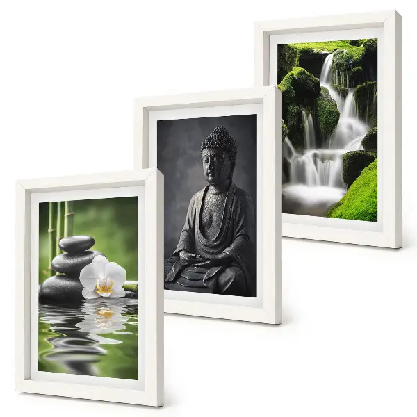 Mur de cadres peintures zen relaxantes avec eau, pierres et Bouddha